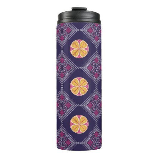 Elegante Paarse stof met geel bloemmotief Thermosbeker (Voorkant)