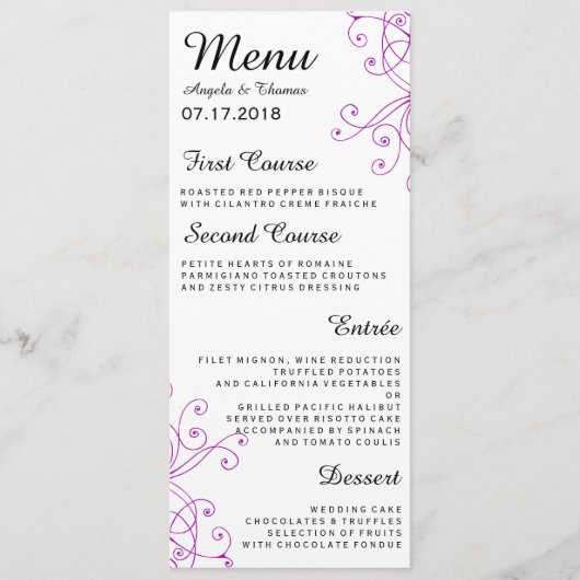 Elegante Paarse Swirls Wedding Menu (Voorkant)