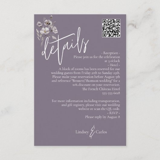 Elegante paarse trouwdetails QR-code Informatiekaartje (Voorkant)