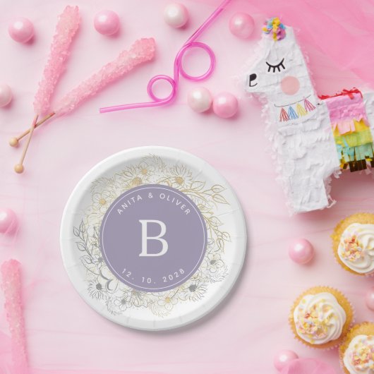 Elegante Paarse Trouwmonogram Papieren Bordje (Feest)