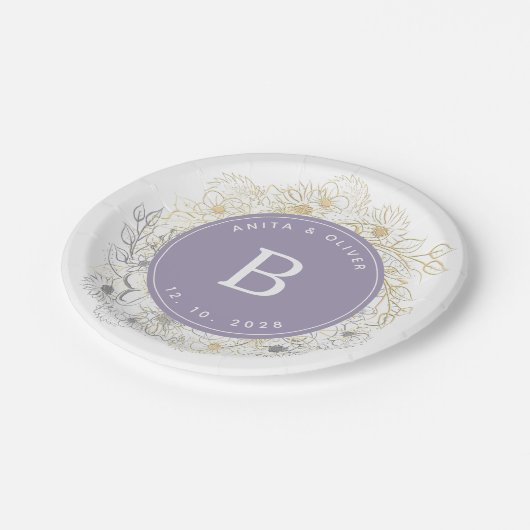 Elegante Paarse Trouwmonogram Papieren Bordje (Gekanteld)