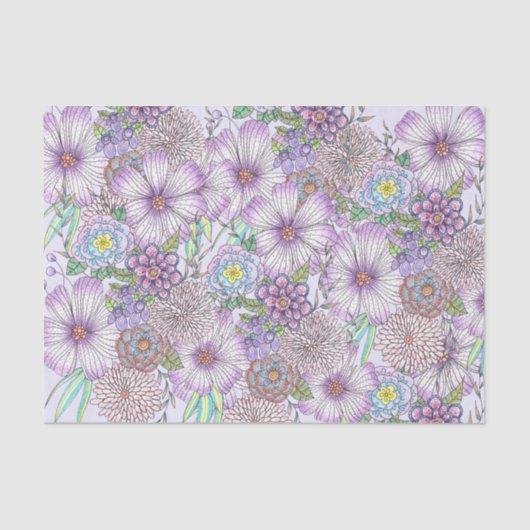 Elegante Paarse tuinbloemen en groen gebladerte Tissuepapier (Voorkant)