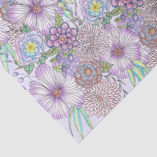 Elegante Paarse tuinbloemen en groen gebladerte Tissuepapier (Detail)