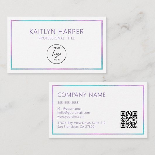 Elegante paarse turquoise folie kader logo QR-code Visitekaartje (Voorkant / Achterkant)