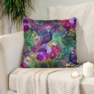 Elegante Paarse Turquoise Pauw Bloemmotief Kussen