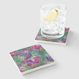 Elegante Paarse Turquoise Pauw Bloemmotief Stenen Onderzetter