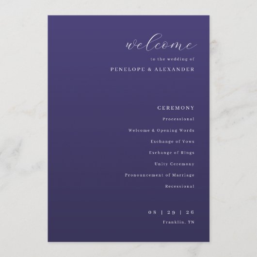 Elegante Paarse Typografische Trouwceremonie Programmakaart (Voorkant)