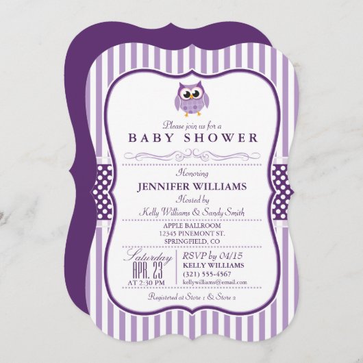 Elegante Paarse uil Baby shower uitnodiging (Voorkant / Achterkant)