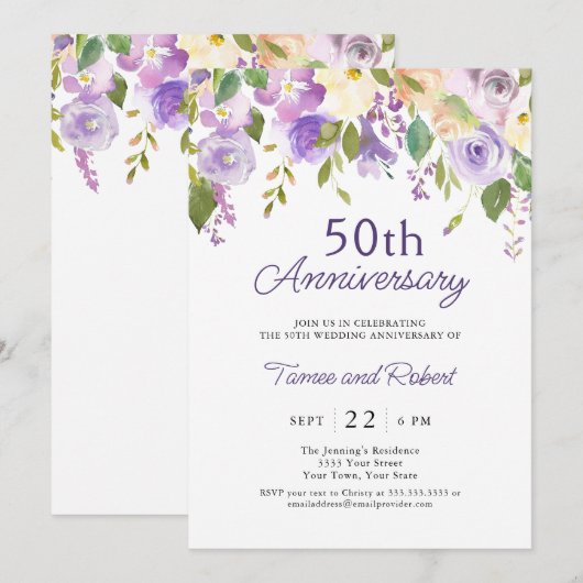Elegante paarse uitnodiging voor 50-jarig huwelijk (Voorkant / Achterkant)