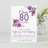 Elegante Paarse verfbloem 80e verjaardag Uitnodige Kaart (Staand voorkant)
