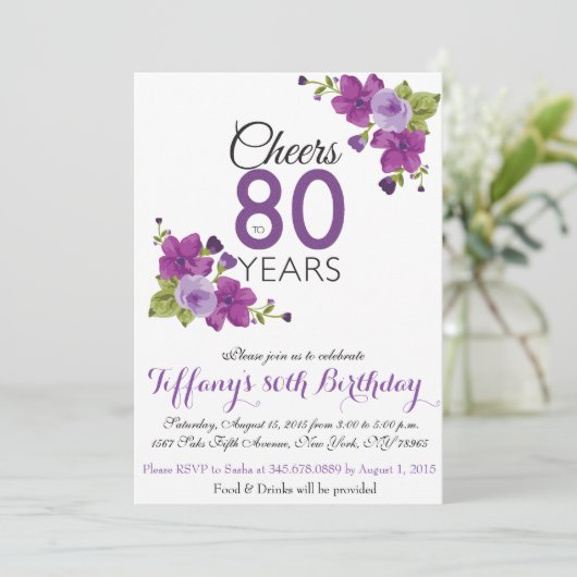 Elegante Paarse verfbloem 80e verjaardag Uitnodige Kaart (Staand voorkant)