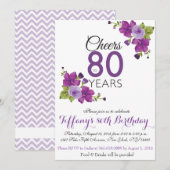 Elegante Paarse verfbloem 80e verjaardag Uitnodige Kaart (Voorkant / Achterkant)
