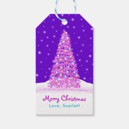 Elegante Paarse versierde kerstboom vakantie Cadeaulabel