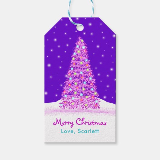 Elegante Paarse versierde kerstboom vakantie Cadeaulabel (Voorkant)