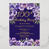 Elegante Paarse Violet Bloemen 100ste Verjaardagsf Folie Uitnodiging (Voorkant)