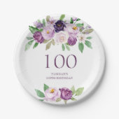 Elegante Paarse | Violet Floral 100ste verjaardag Papieren Bordje (Voorkant)