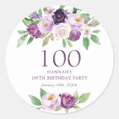 Elegante Paarse | Violet Floral 100ste verjaardag Ronde Sticker (Voorkant)