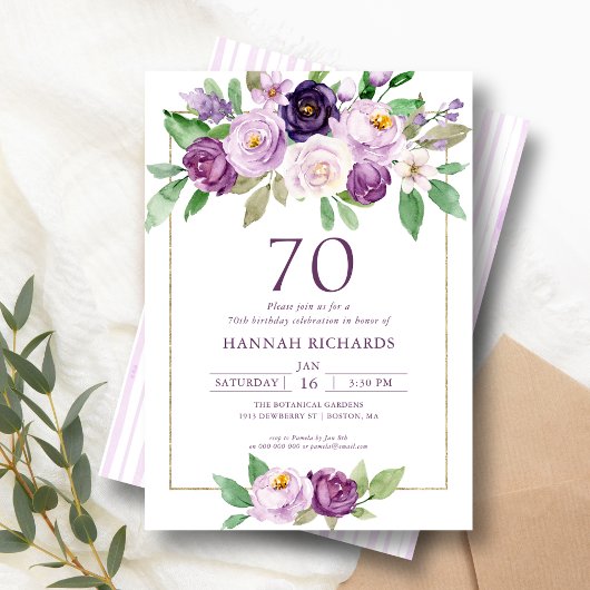 Elegante Paarse | Violet Floral 70ste verjaardag Kaart