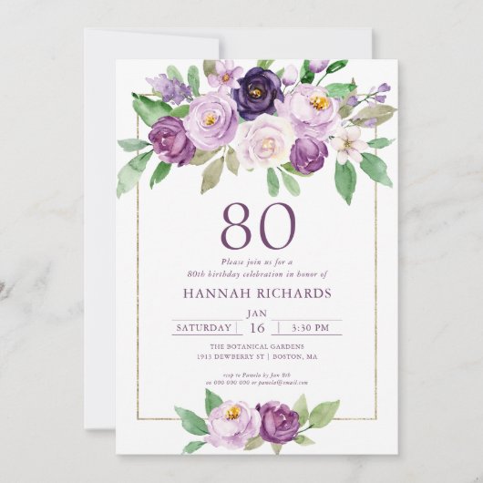 Elegante Paarse | Violet Floral 80ste verjaardag Kaart (Voorkant)