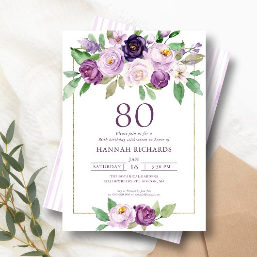 Elegante Paarse | Violet Floral 80ste verjaardag Kaart