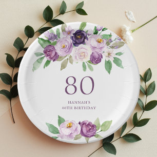 Elegante Paarse Violet Floral 80ste verjaardag Papieren Bordje