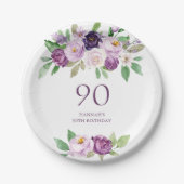 Elegante Paarse | Violet Floral 90ste verjaardag Papieren Bordje (Voorkant)