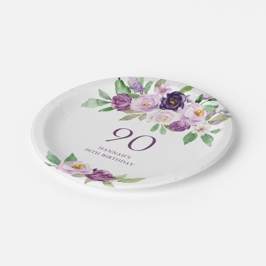 Elegante Paarse | Violet Floral 90ste verjaardag Papieren Bordje (Gekanteld)