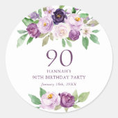Elegante Paarse | Violet Floral 90ste verjaardag Ronde Sticker (Voorkant)