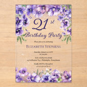 Elegante Paarse Violets Bloemen 21ste Verjaardagsf Acryl Uitnodigingen (Voorkant)