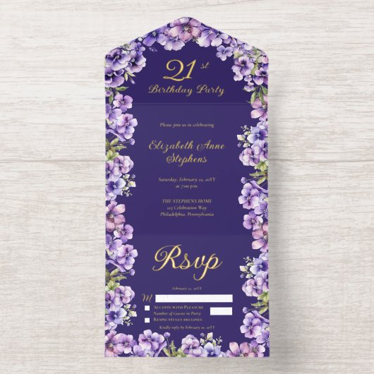 Elegante Paarse Violets Bloemen 21ste Verjaardagsf All In One Uitnodiging (Binnenkant)
