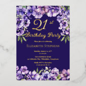 Elegante Paarse Violets Bloemen 21ste Verjaardagsf Folie Uitnodiging (Voorkant)