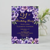 Elegante Paarse Violets Bloemen 21ste Verjaardagsf Folie Uitnodiging (Staand Voorkant)