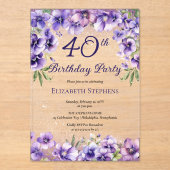 Elegante Paarse Violets Bloemen 40ste Verjaardagsf Acryl Uitnodigingen (Voorkant)