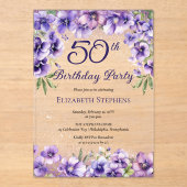 Elegante Paarse Violets Bloemen 50ste Verjaardagsf Acryl Uitnodigingen (Voorkant)