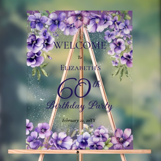 Elegante Paarse Violets Bloemen 60ste Verjaardagsf Acryl Bord (Neutraal)