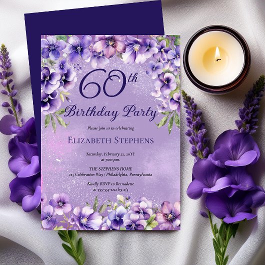 Elegante Paarse Violets Bloemen 60ste Verjaardagsf Kaart