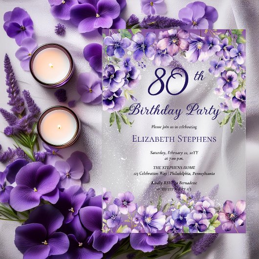 Elegante Paarse Violets Bloemen 80ste Verjaardagsf Acryl Uitnodigingen