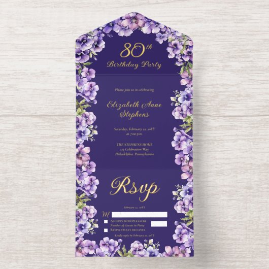 Elegante Paarse Violets Bloemen 80ste Verjaardagsf All In One Uitnodiging (Binnenkant)