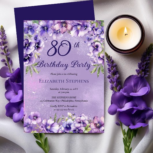 Elegante Paarse Violets Bloemen 80ste Verjaardagsf Kaart