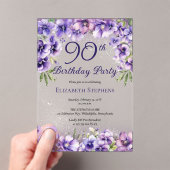 Elegante Paarse Violets Bloemen 90ste Verjaardagsf Acryl Uitnodigingen (Insitu (Draagbaar))