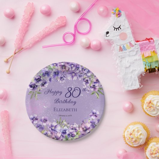 Elegante Paarse Violets Bloemen Gelukkige 80ste Ve Papieren Bordje (Feest)