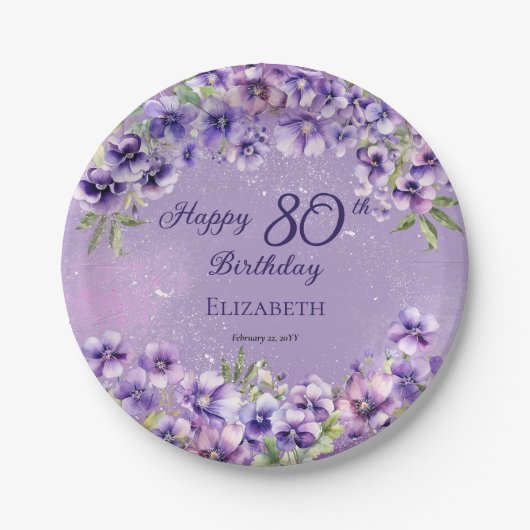 Elegante Paarse Violets Bloemen Gelukkige 80ste Ve Papieren Bordje (Voorkant)