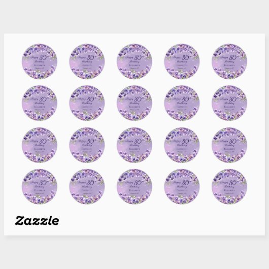 Elegante Paarse Violets Bloemen Gelukkige 80ste Ve Ronde Sticker (Vel)