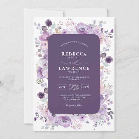 Elegante paarse violette bloemen trouwuitnodiging kaart (Voorkant)
