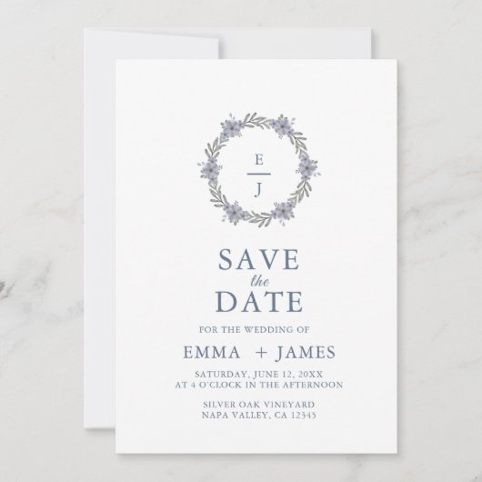 Elegante paarse violette bloemenkrans Save the Dat Date (Voorkant)