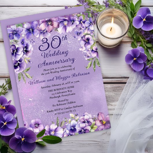 Elegante paarse viooltjes 30e trouwjubileum kaart
