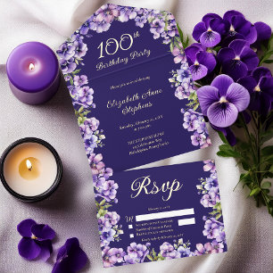 Elegante paarse viooltjes bloemige 100ste verjaard all in one uitnodiging