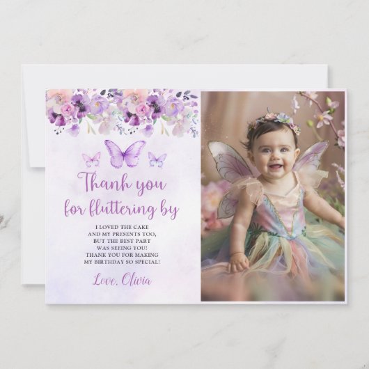 Elegante Paarse vlinder 1e verjaardag foto Bedankkaart (Voorkant)