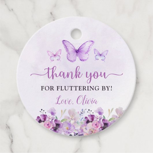 Elegante Paarse vlinder 1e verjaardagsfeest Bedankjes Labels (Voorkant)