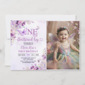 Elegante Paarse vlinder 1e verjaardagsfeest foto Kaart (Voorkant)